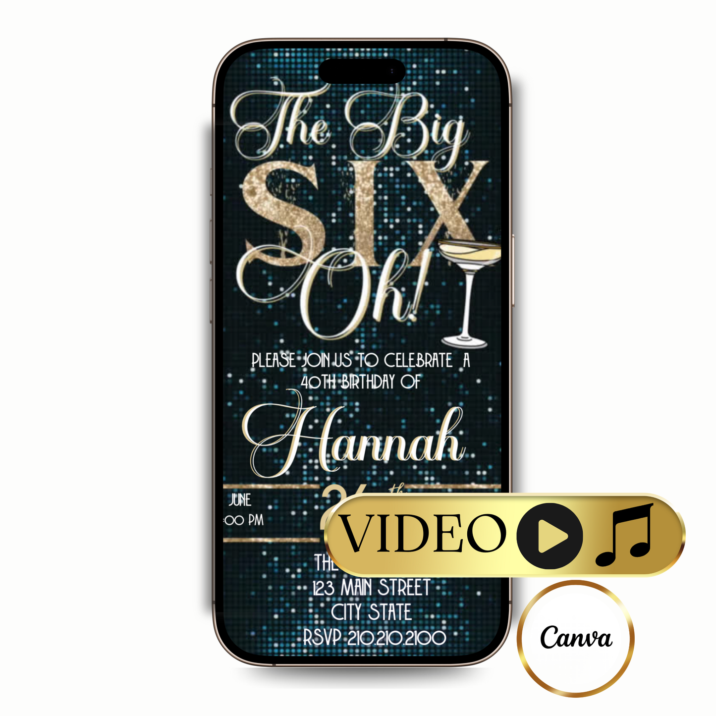 50th Birthday glitter video invite | Editable Gold Glam Fifty Canva Template