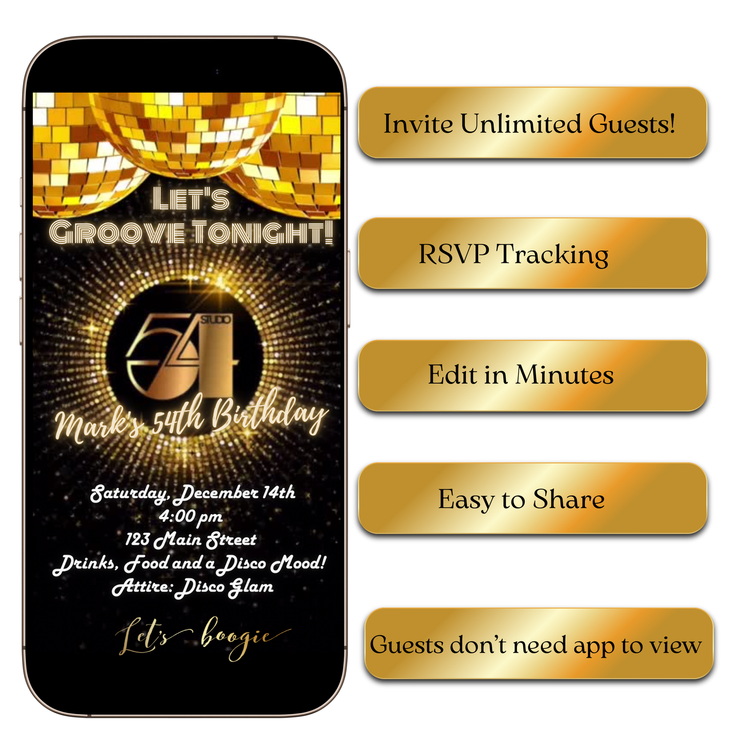 Studio 54 video invite editable disco party animated evite