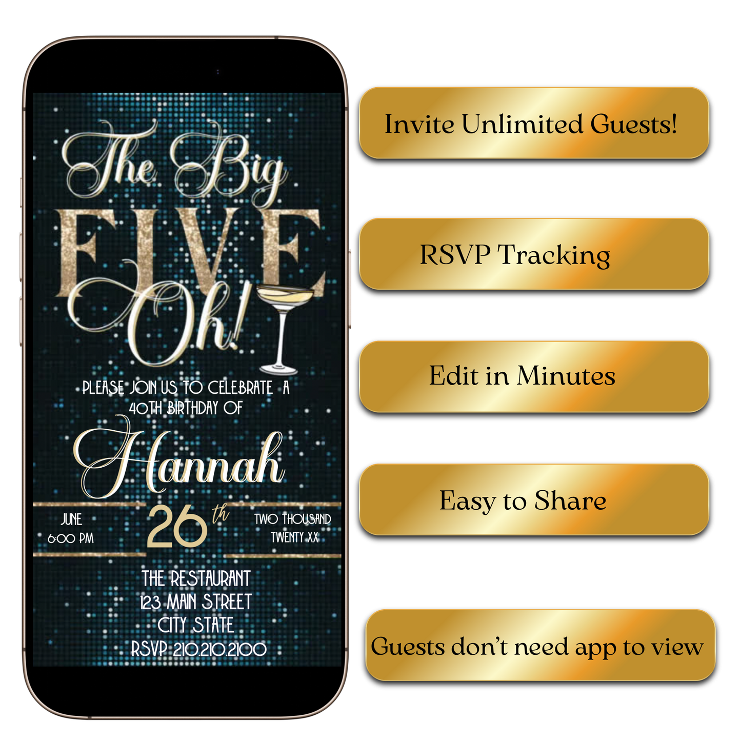 50th Birthday glitter video invite | Editable Gold Glam Fifty Canva Template