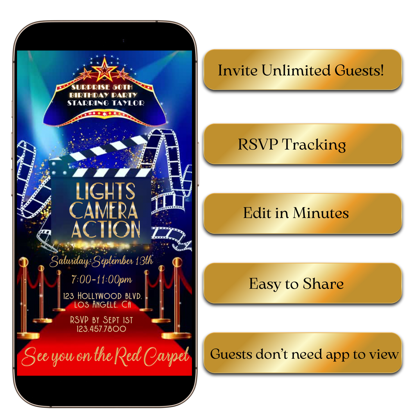 Hollywood Dinner Party Video Invitation | Movie Night Invite | Editable Online Party Invitation