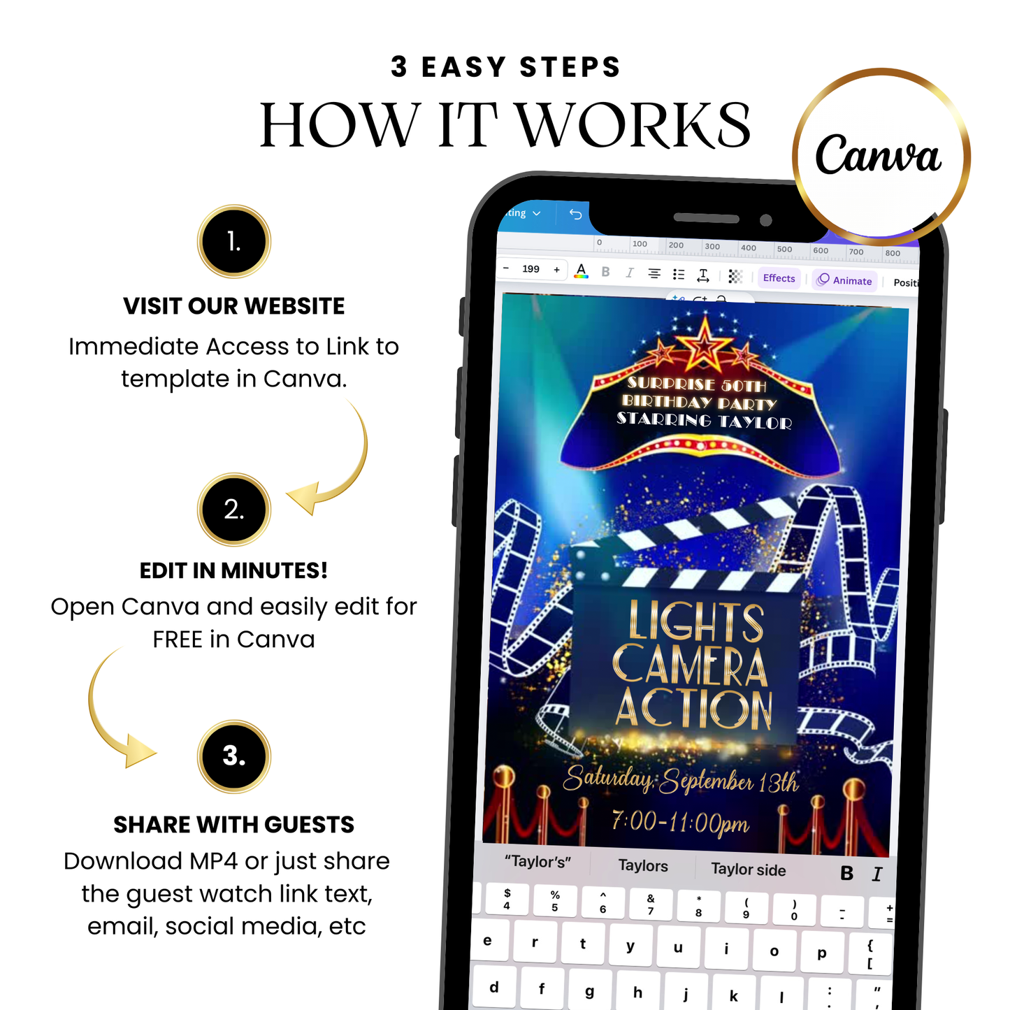 Hollywood Dinner Party Video Invitation | Movie Night Invite | Editable Online Party Invitation