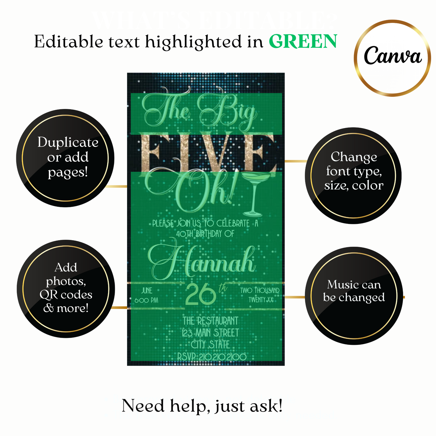 50th Birthday glitter video invite | Editable Gold Glam Fifty Canva Template