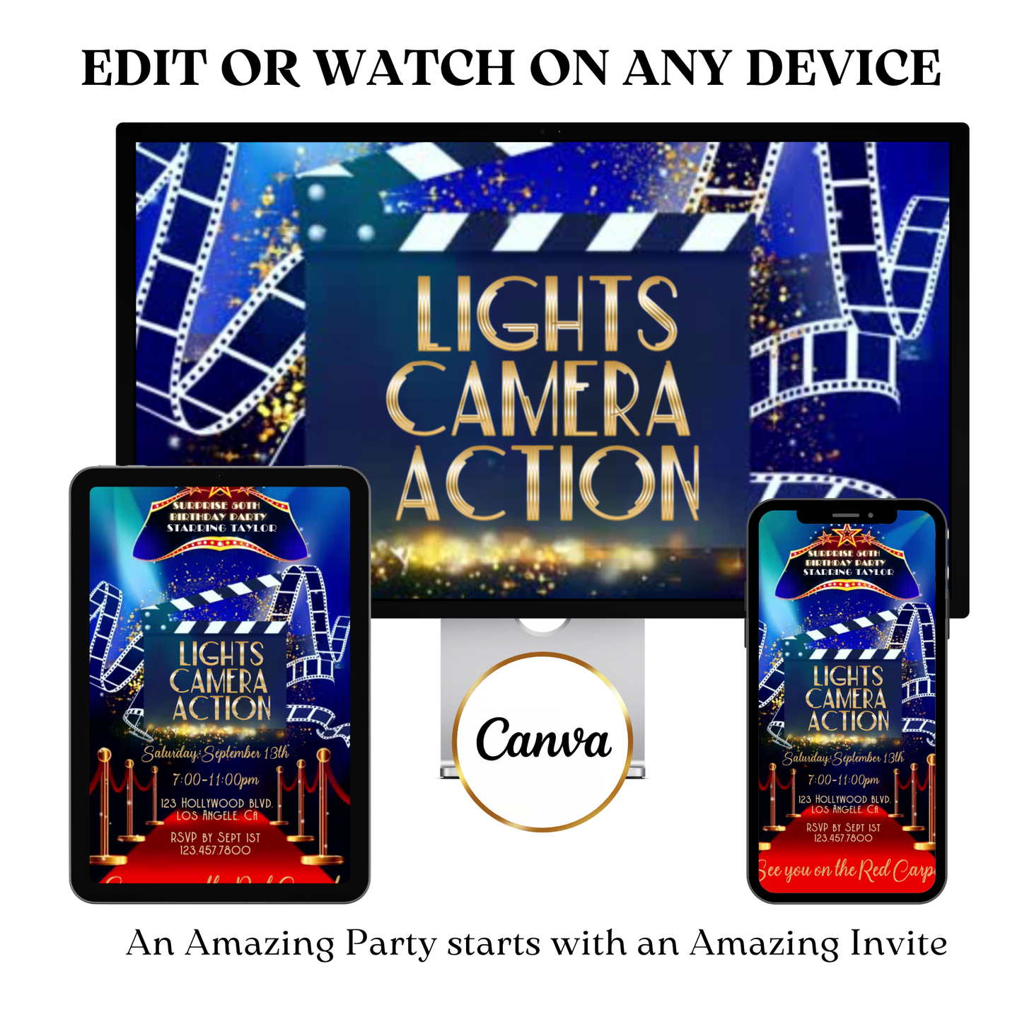 Hollywood Dinner Party Video Invitation | Movie Night Invite | Editable Online Party Invitation