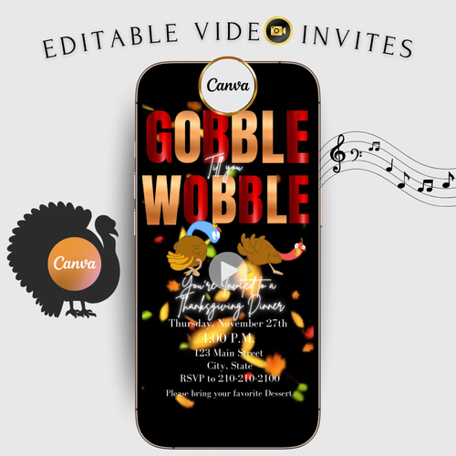 Editable Thanksgiving Video Invitation – Gobble till you Wobble Turkey Friendsgiving Digital Evite