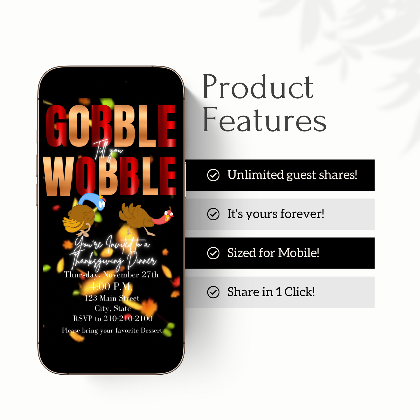 Editable Thanksgiving Video Invitation – Gobble till you Wobble Turkey Friendsgiving Digital Evite