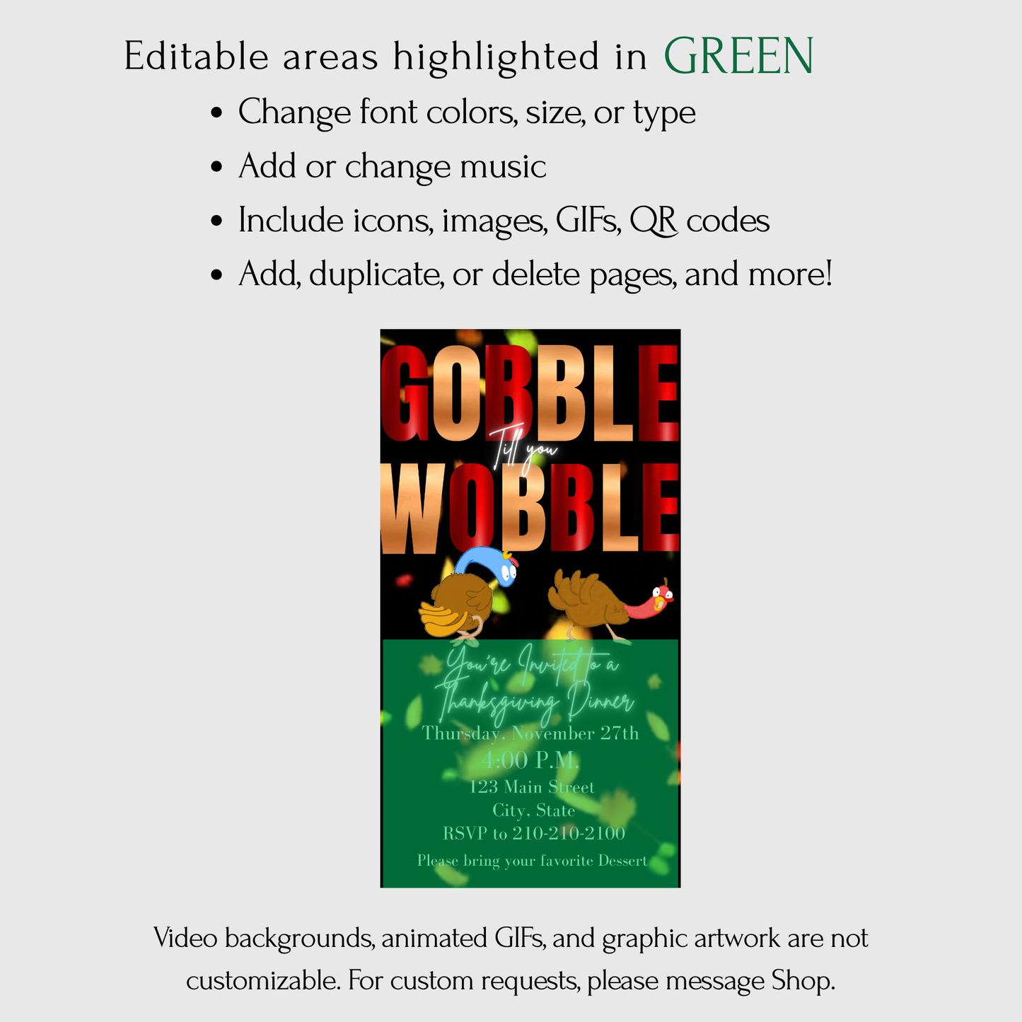 Editable Thanksgiving Video Invitation – Gobble till you Wobble Turkey Friendsgiving Digital Evite