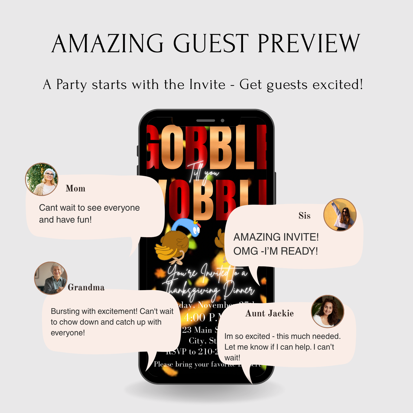 Editable Thanksgiving Video Invitation – Gobble till you Wobble Turkey Friendsgiving Digital Evite