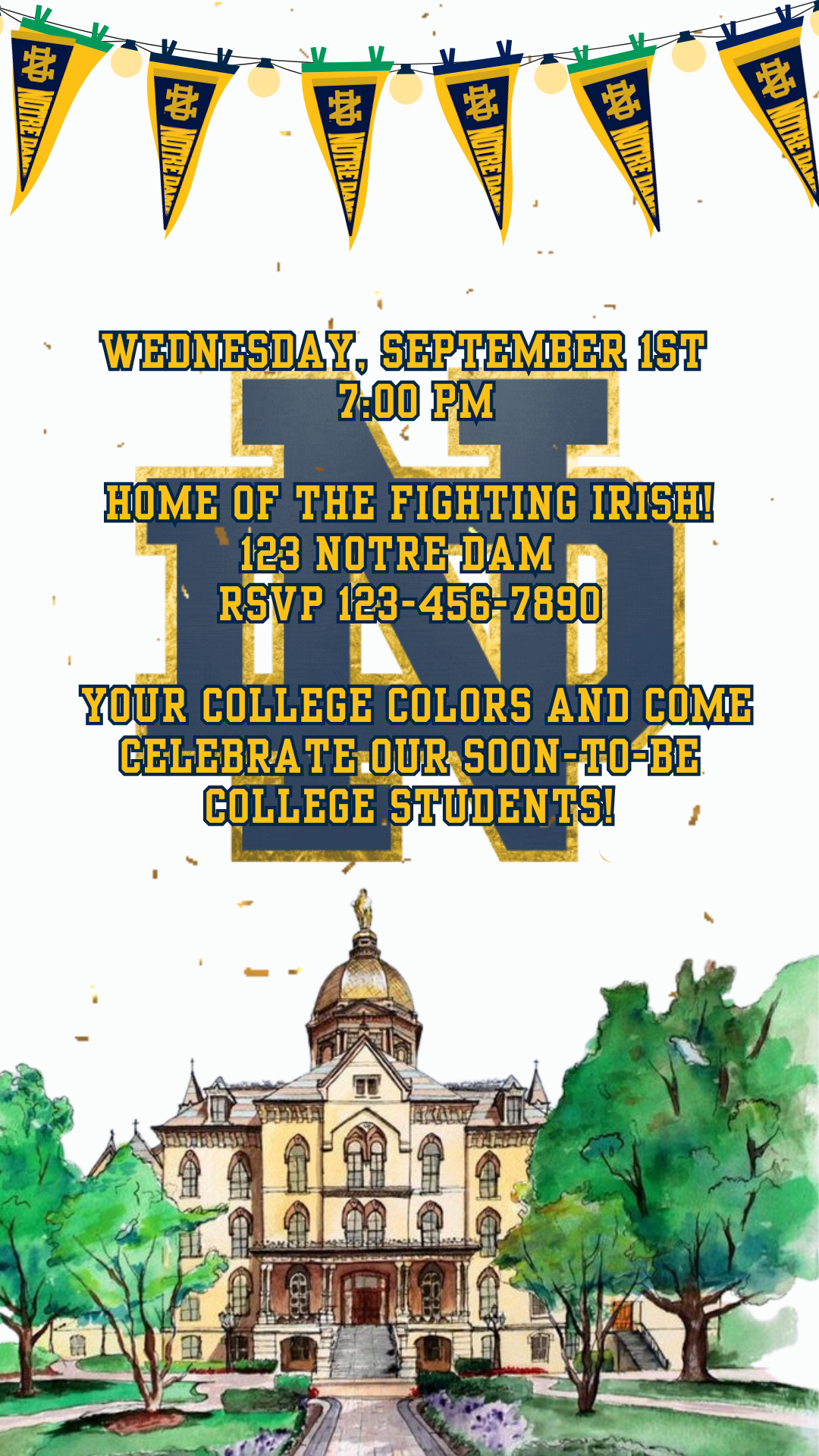 Editable University of Notre Dame send-off video invitation in blue, gold, and green with Fighting Irish theme. Perfect for graduation, move-in, or farewell celebration. Features Notre Dame logos, banners, and suitcase travel graphics. Vertical 1080x1920 format, easy to edit in Canva and share via text, email, or social media. Instant download, mobile-friendly format.