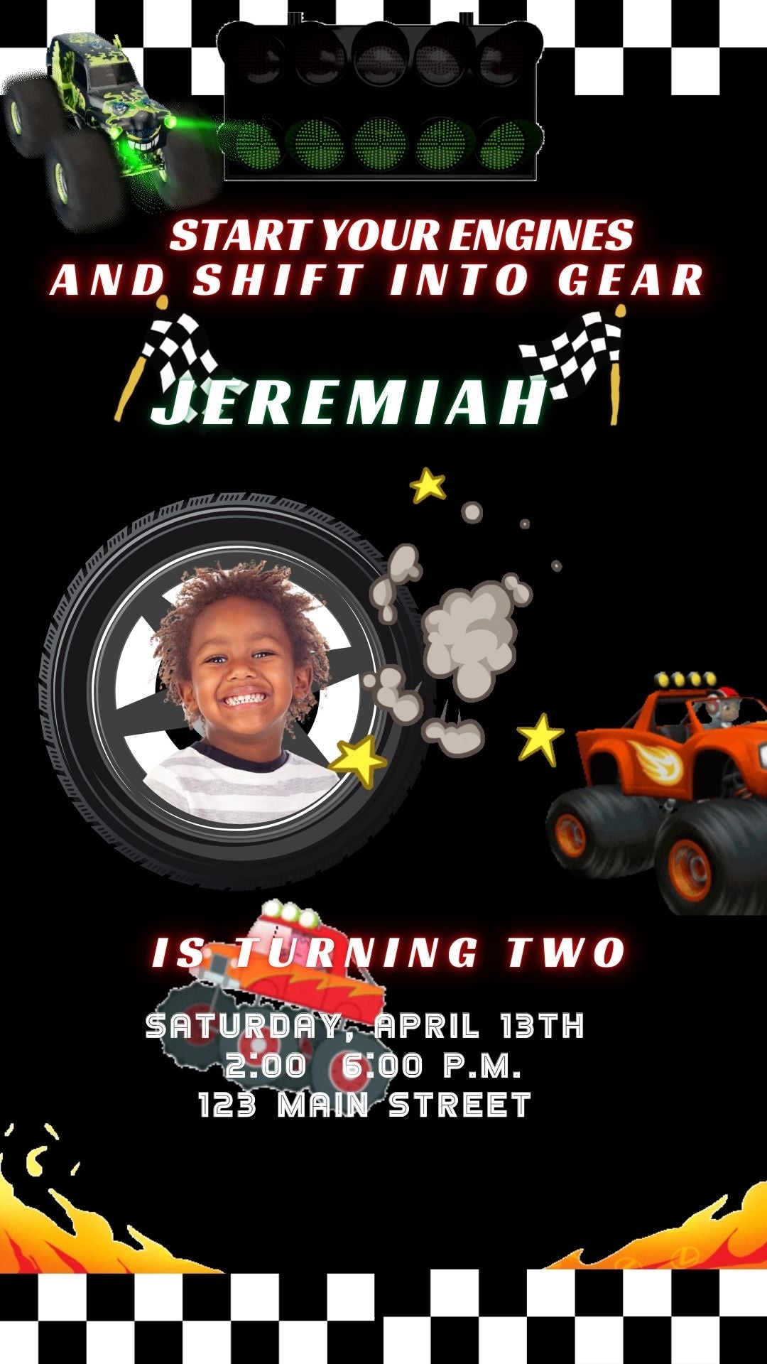 Editable monster truck race birthday birthday video invitation displayed on a mobile phone, featuring an animated vertical digital invite with music, created in Canva. This premium video invitation template is designed for sharing by text, email, and social media and works with an interactive RSVP website for easy guest response tracking.