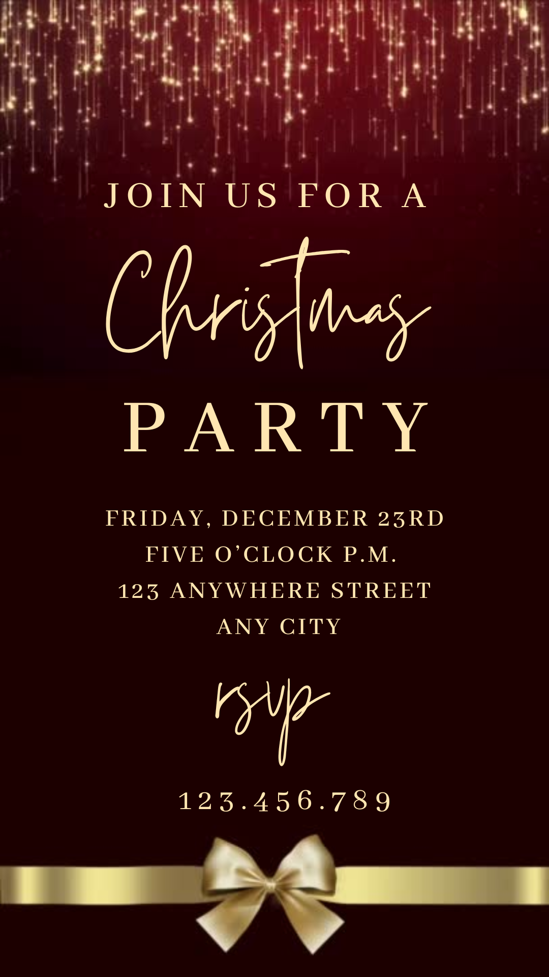 Editable crimson red holiday invite displayed on smartphone