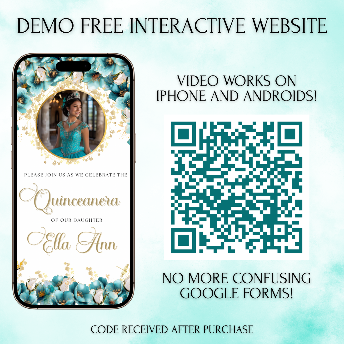 Turquoise and Gold Quinceanera Video Invite Animated Sweet 15 Quince Mobile Evite with RSVP tracking