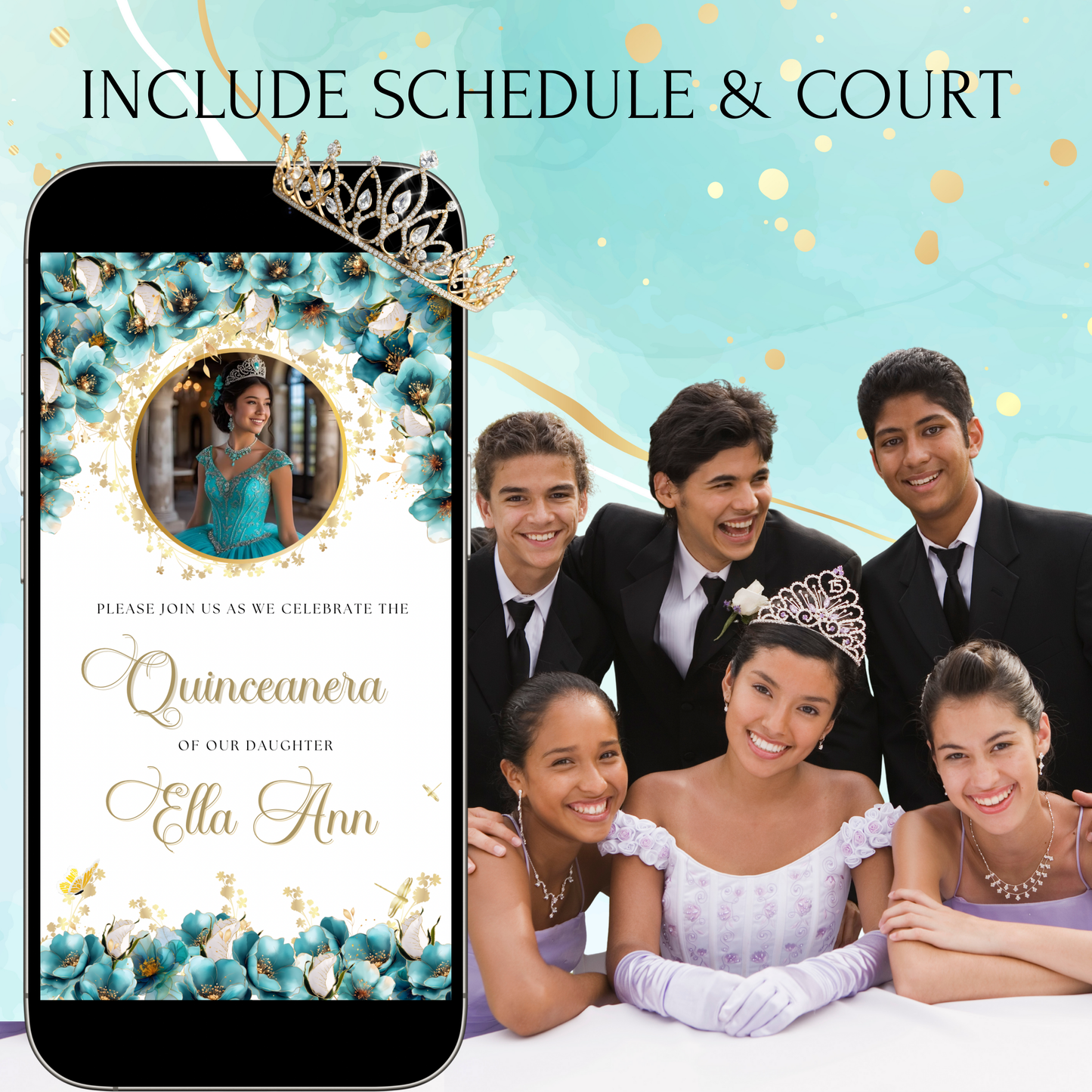 Turquoise and Gold Quinceanera Video Invite Animated Sweet 15 Quince Mobile Evite with RSVP tracking