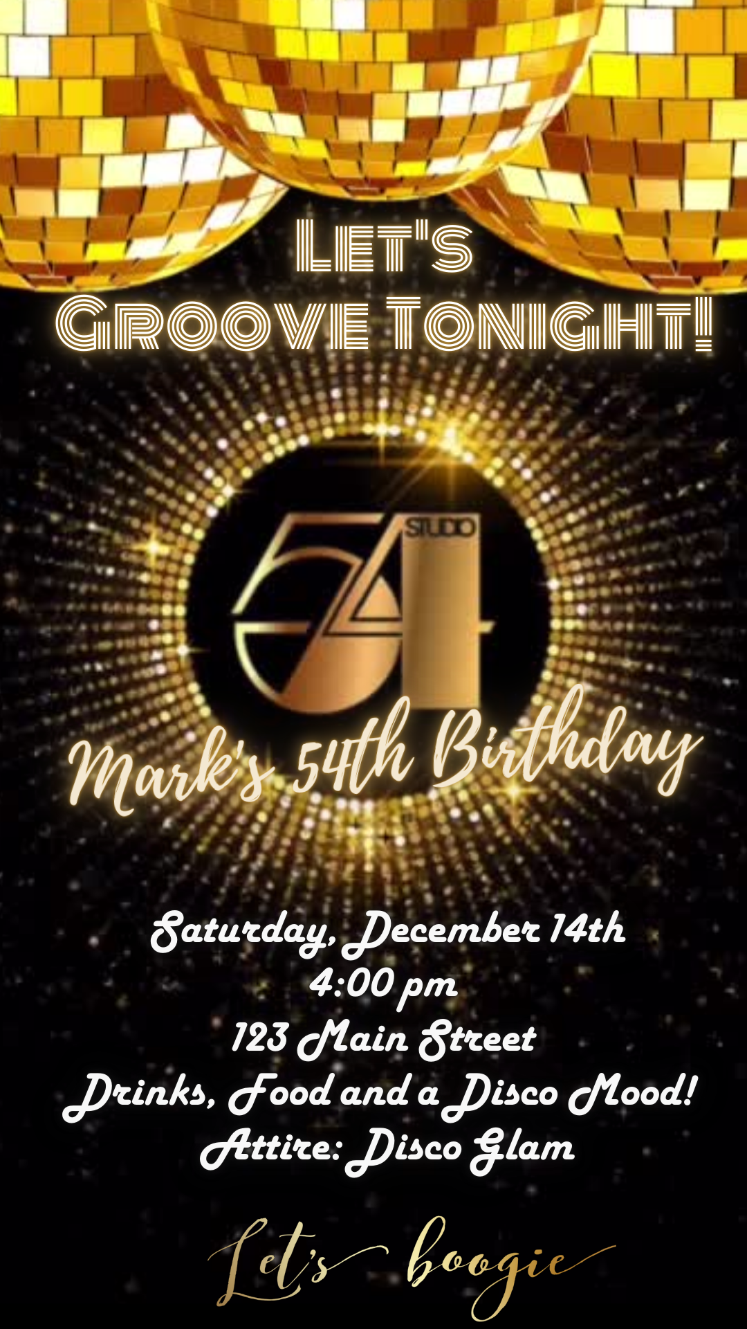 Editable Studio 54 digital invite with disco ball design