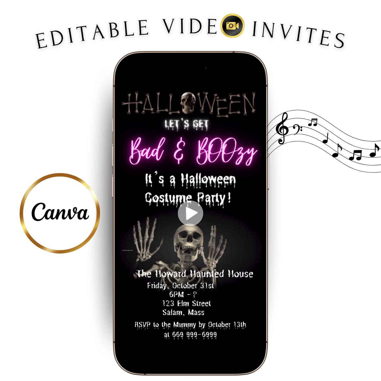 Halloween Video Invitation | Skeleton Animated Invite | Editable Halloween Bad and boozy Mobile Evite