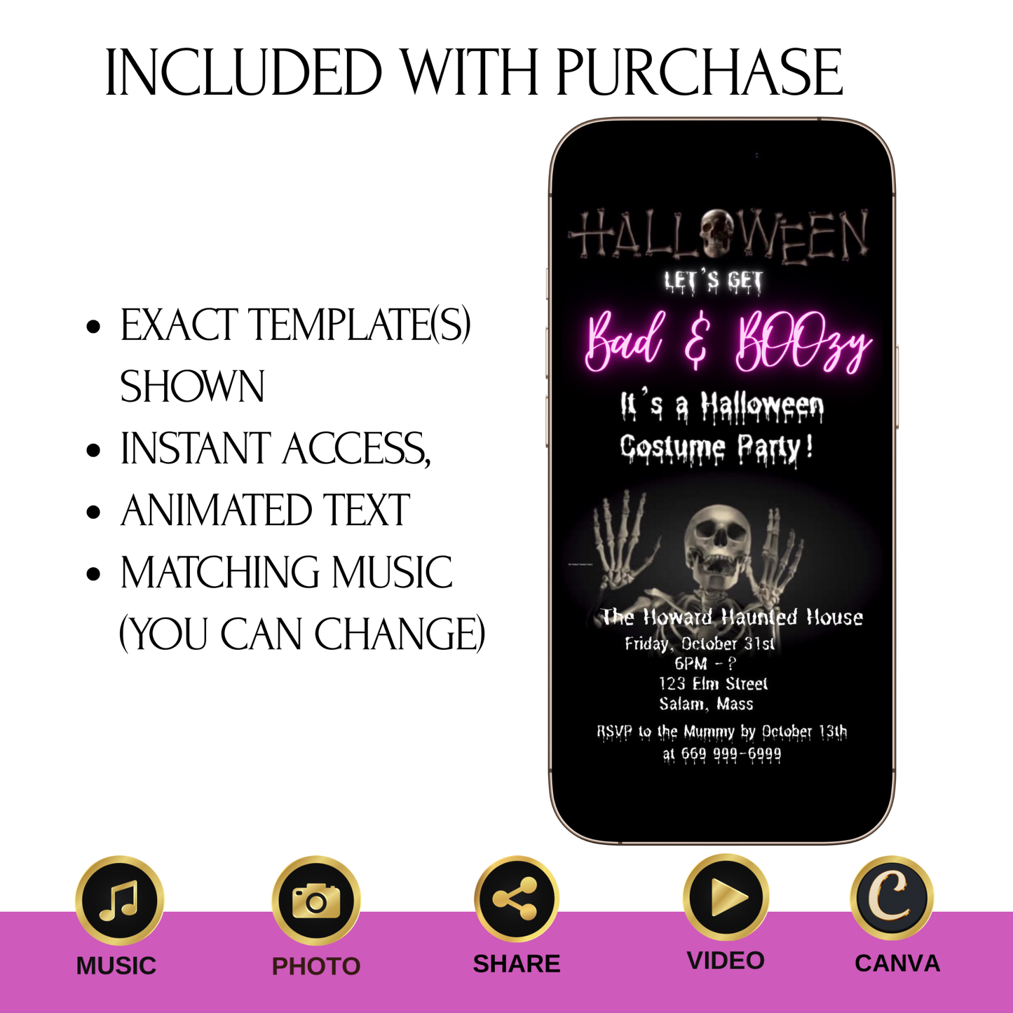 Halloween Video Invitation | Skeleton Animated Invite | Editable Halloween Bad and boozy Mobile Evite