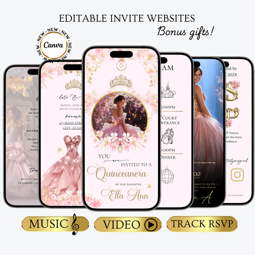 Pink Quinceanera Invitation Website with RSVP | Animated Sweet 15 16 Mobile Interactive Evite with RSVP and Music