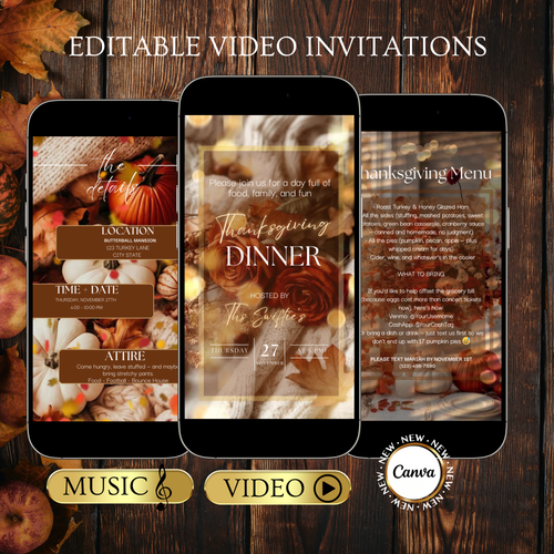 Thanksgiving Video Invitation, Animated Friendsgiving Digital Mobile Evite