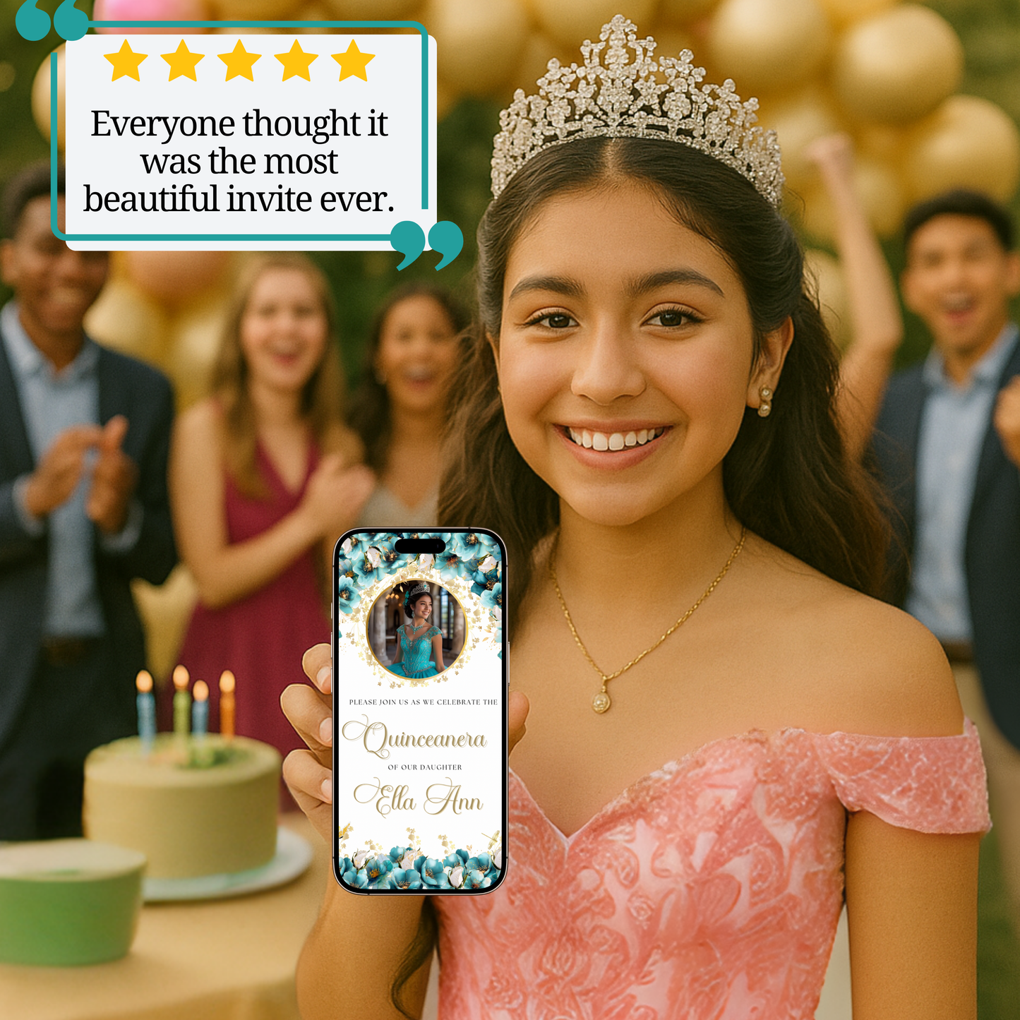Turquoise and Gold Quinceanera Video Invite Animated Sweet 15 Quince Mobile Evite with RSVP tracking