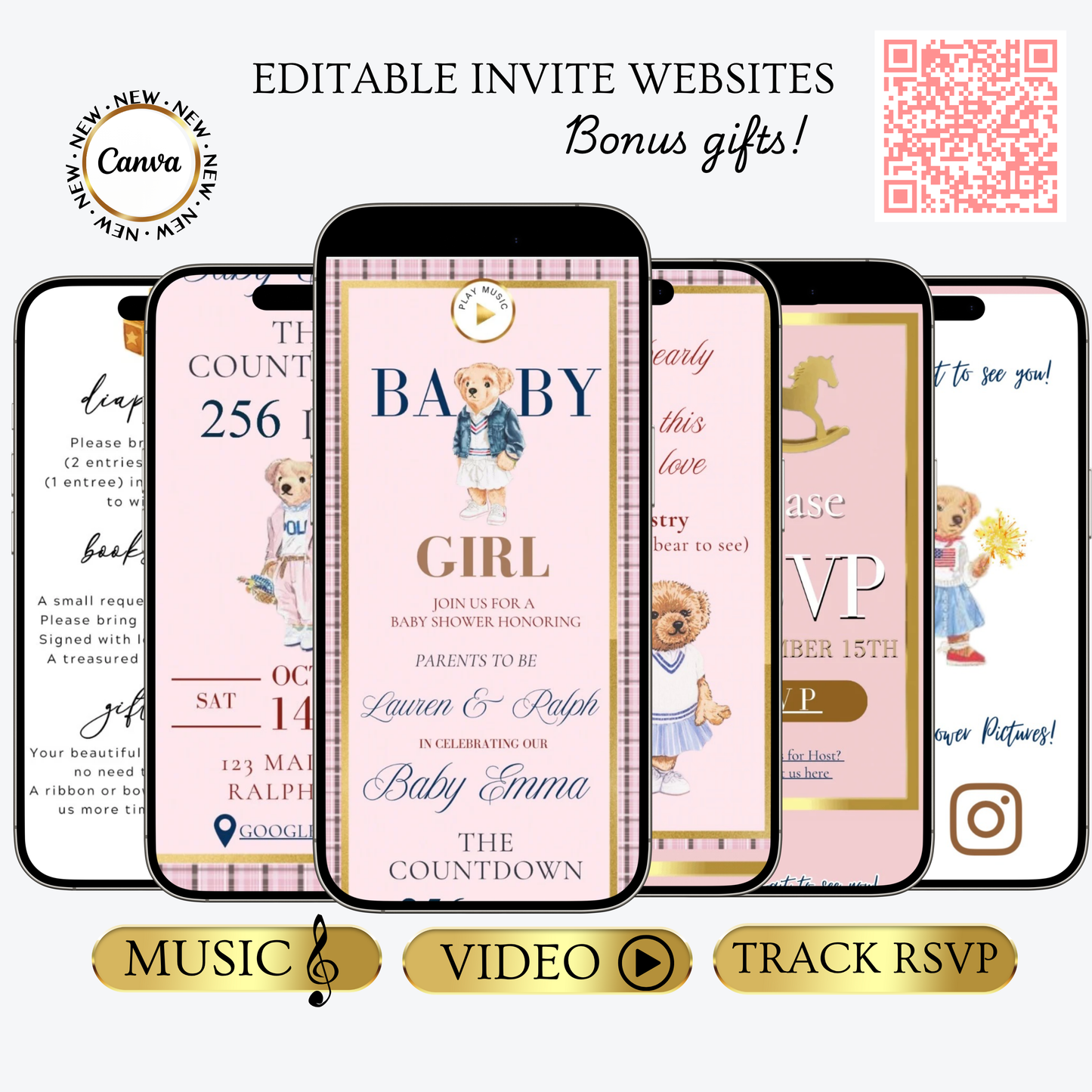 Pink Polo Ralph Lauren Baby Shower Invitation Website | Animated Classic Polo Girl Baby Shower Invite with Rsvp tracking