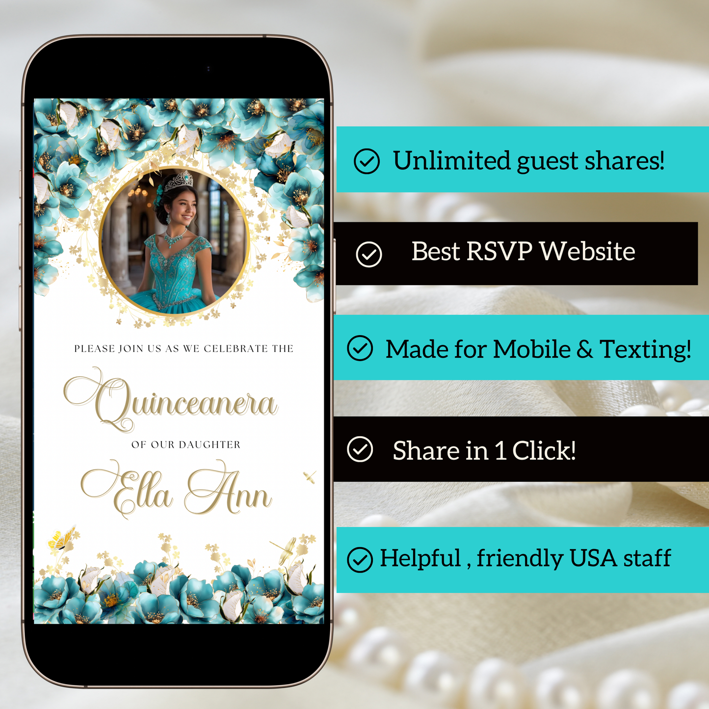 Turquoise and Gold Quinceanera Video Invite Animated Sweet 15 Quince Mobile Evite with RSVP tracking