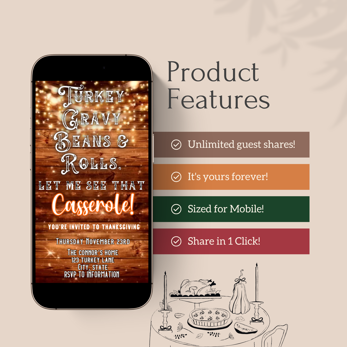 Rustic Thanksgiving video invitation with string lights and funny casserole quote, editable digital evite with wood background and bold holiday fonts.