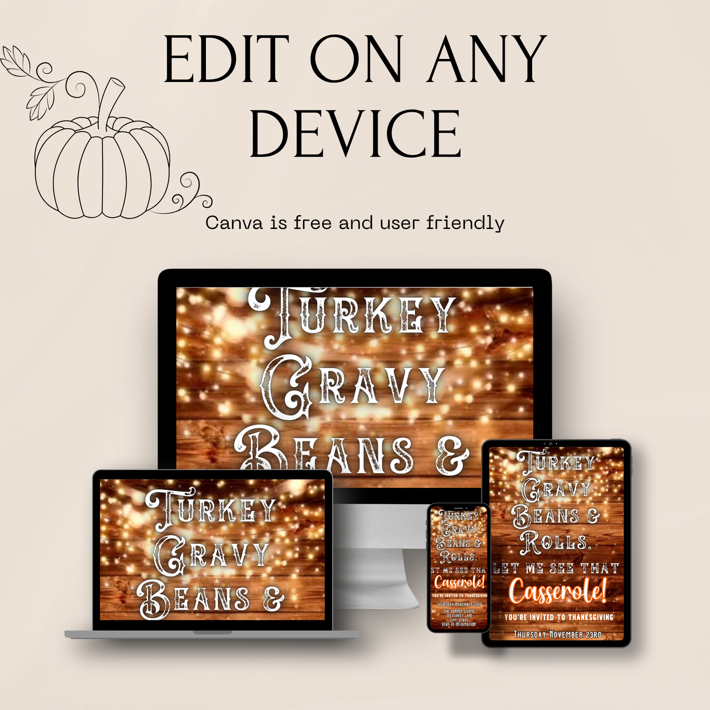 Rustic Thanksgiving video invitation with string lights and funny casserole quote, editable digital evite with wood background and bold holiday fonts.