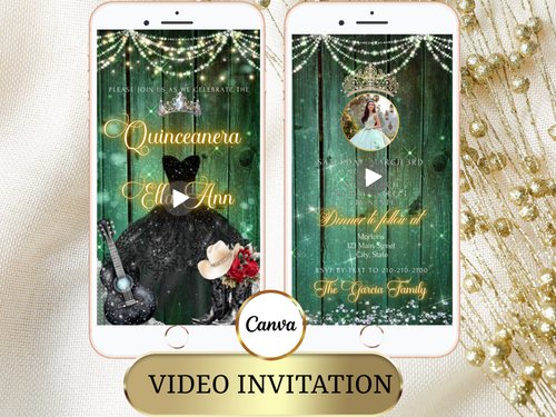 Editable Quinceañera Invitation Video Template – Elegant Sweet 15 with Black Gown, Rose Accents, Tiara and Green Barn Wood Background | Canva MP4 Digital Download for Mobile Sharing