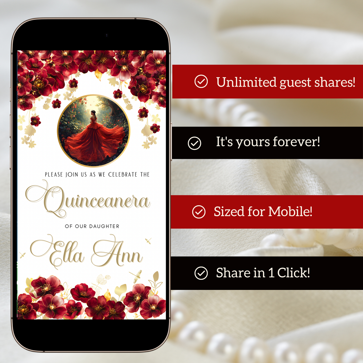 Editable Red Rose Quinceañera video invitation with elegant crown and floral design. Customize this digital Canva template for Sweet 15 celebrations with red roses, gold accents, and flowing gown details. Instant download, mobile-friendly MP4 evite with music, perfect for sharing on WhatsApp, text, email, or social media for a glamorous quince party.