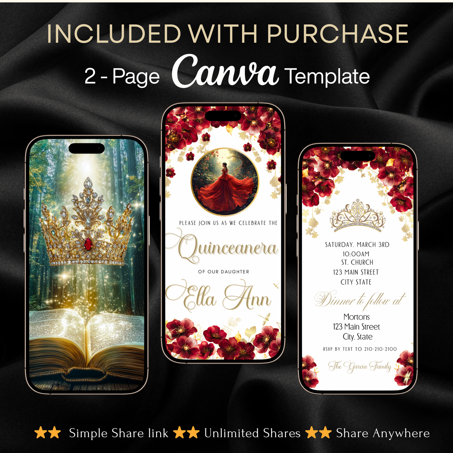 Red Quinceanera Invitation Video Editable Animated Sweet 15 Chic Red Rose Mobile Evite