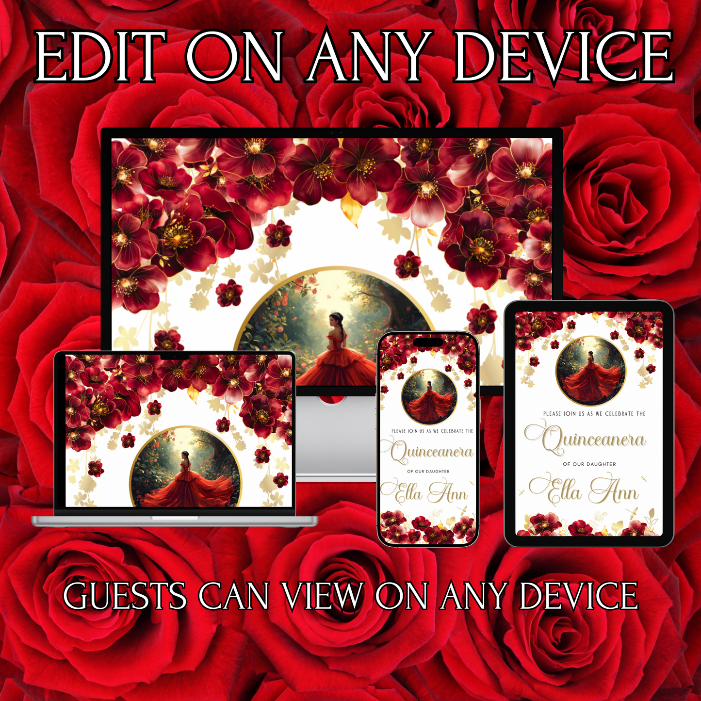 Red Quinceanera Invitation Video Editable Animated Sweet 15 Chic Red Rose Mobile Evite