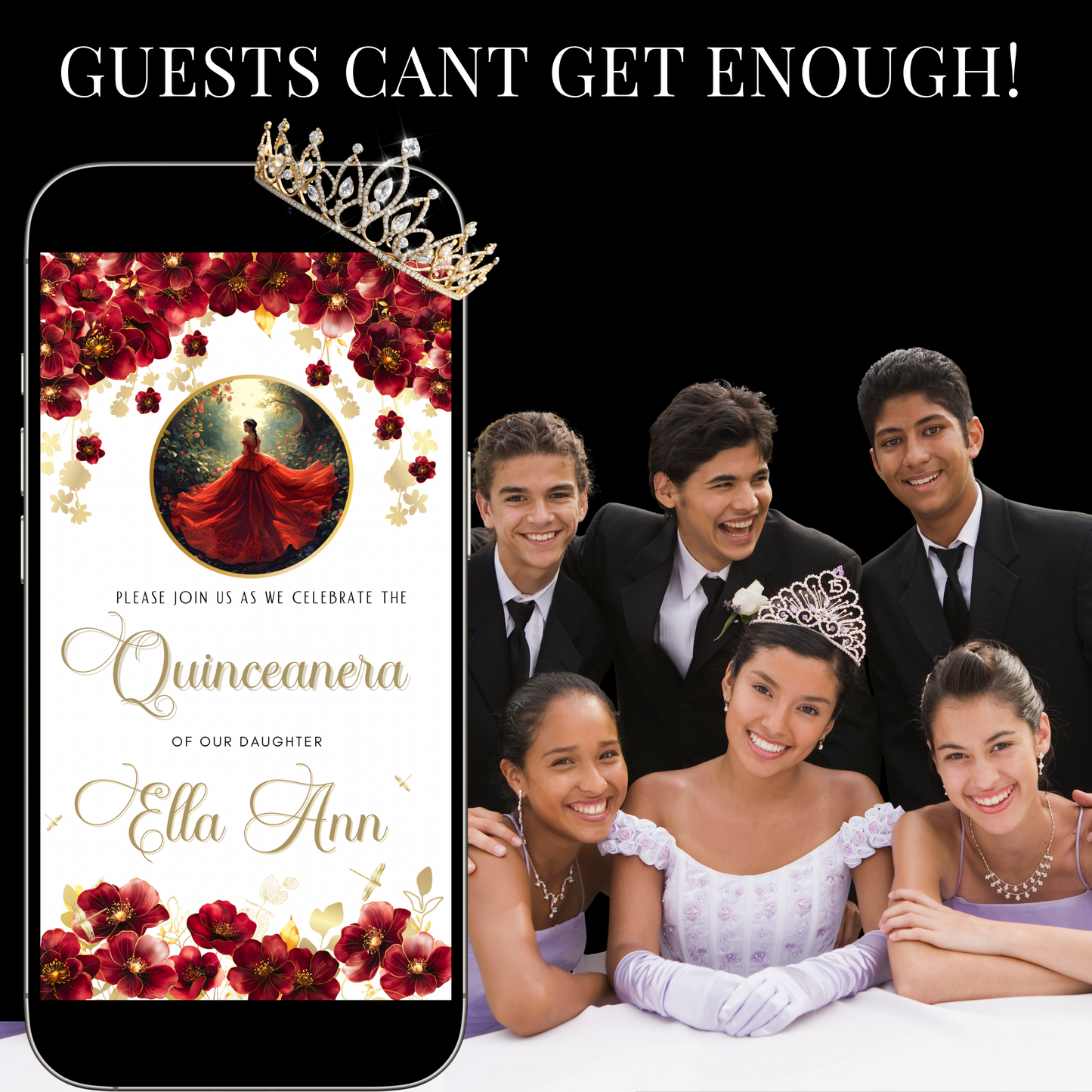 Editable Red Rose Quinceañera video invitation with elegant crown and floral design. Customize this digital Canva template for Sweet 15 celebrations with red roses, gold accents, and flowing gown details. Instant download, mobile-friendly MP4 evite with music, perfect for sharing on WhatsApp, text, email, or social media for a glamorous quince party.