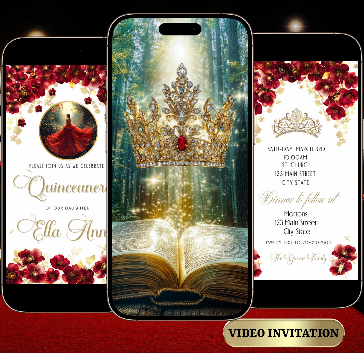 Editable Red Rose Quinceañera video invitation with elegant crown and floral design. Customize this digital Canva template for Sweet 15 celebrations with red roses, gold accents, and flowing gown details. Instant download, mobile-friendly MP4 evite with music, perfect for sharing on WhatsApp, text, email, or social media for a glamorous quince party.