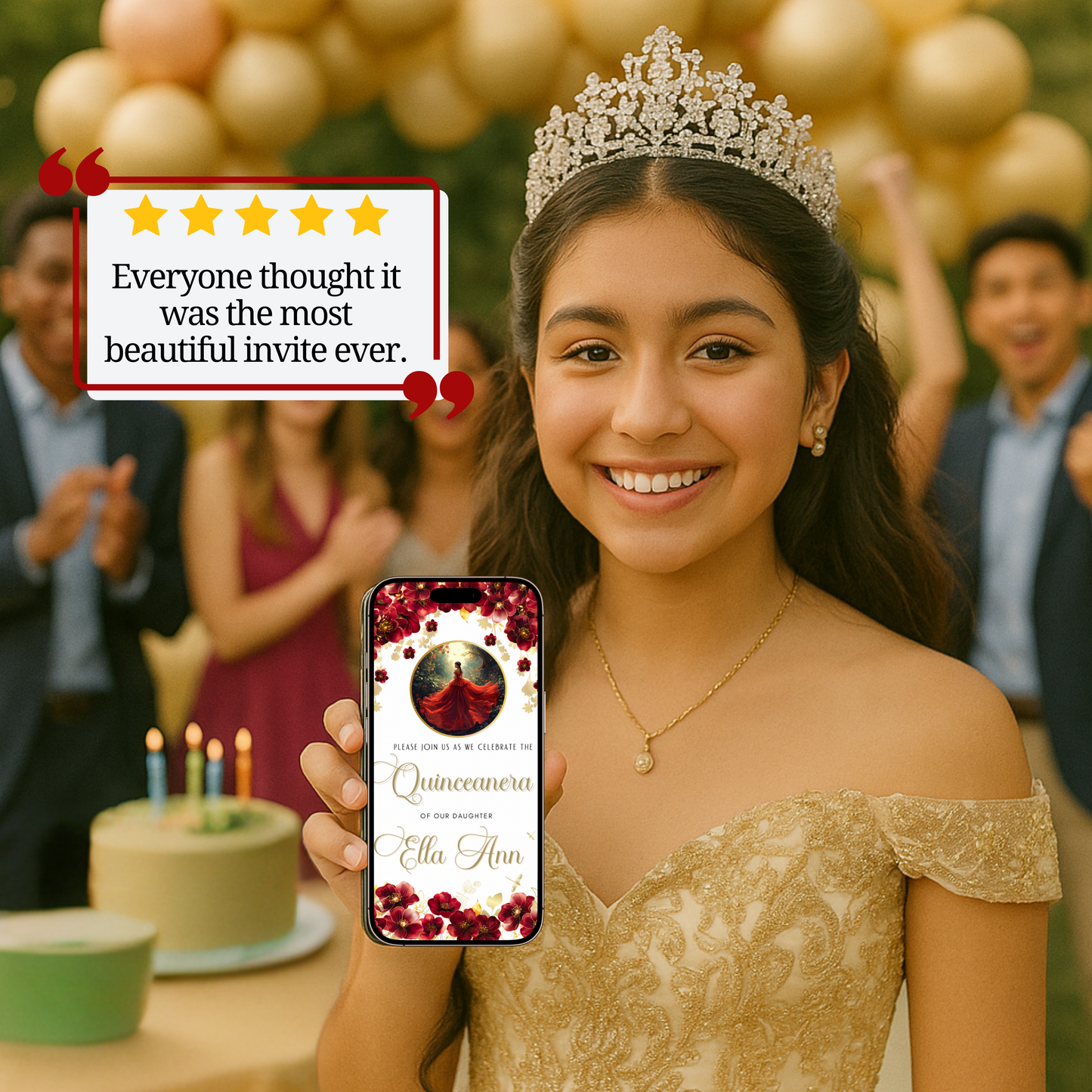 Editable Red Rose Quinceañera video invitation with elegant crown and floral design. Customize this digital Canva template for Sweet 15 celebrations with red roses, gold accents, and flowing gown details. Instant download, mobile-friendly MP4 evite with music, perfect for sharing on WhatsApp, text, email, or social media for a glamorous quince party.