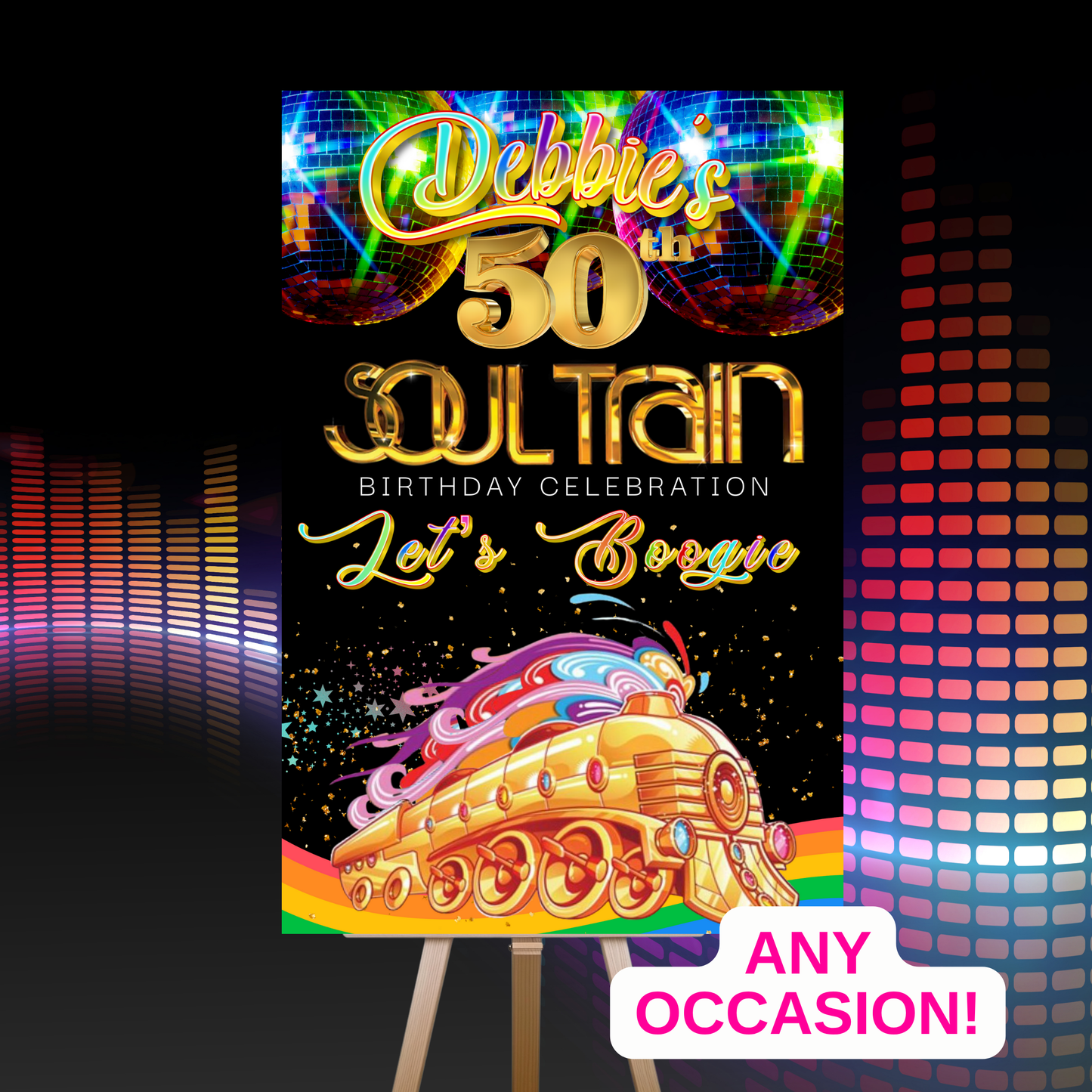 Soul Train 50th birthday celebration welcome sign featuring gold disco-style text, vibrant disco balls, rainbow Soul Train graphic, and the phrase “Let’s Boogie” on a black background with colorful sparkles. Displayed on an easel with a note recommending foam board for best results. Perfect for a disco, boogie night, or retro 70s themed party decoration.