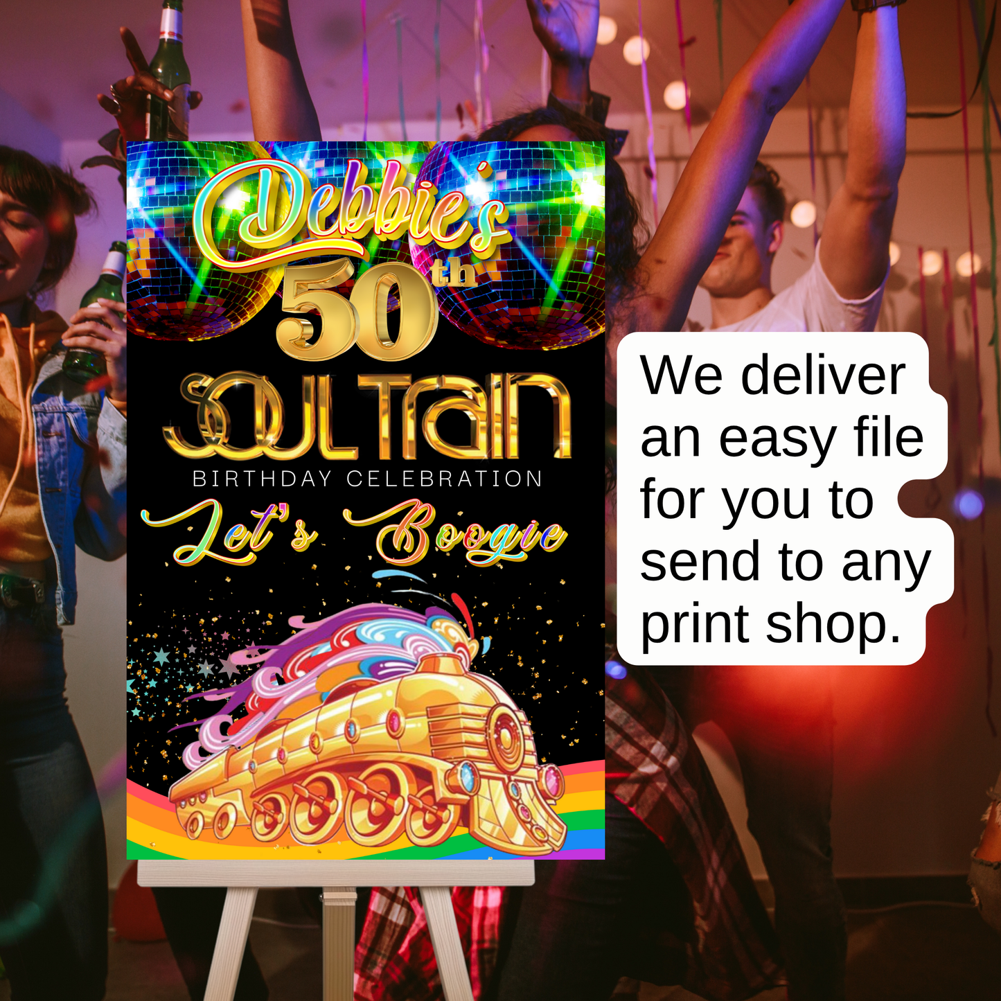 Soul Train 50th birthday celebration welcome sign featuring gold disco-style text, vibrant disco balls, rainbow Soul Train graphic, and the phrase “Let’s Boogie” on a black background with colorful sparkles. Displayed on an easel with a note recommending foam board for best results. Perfect for a disco, boogie night, or retro 70s themed party decoration.