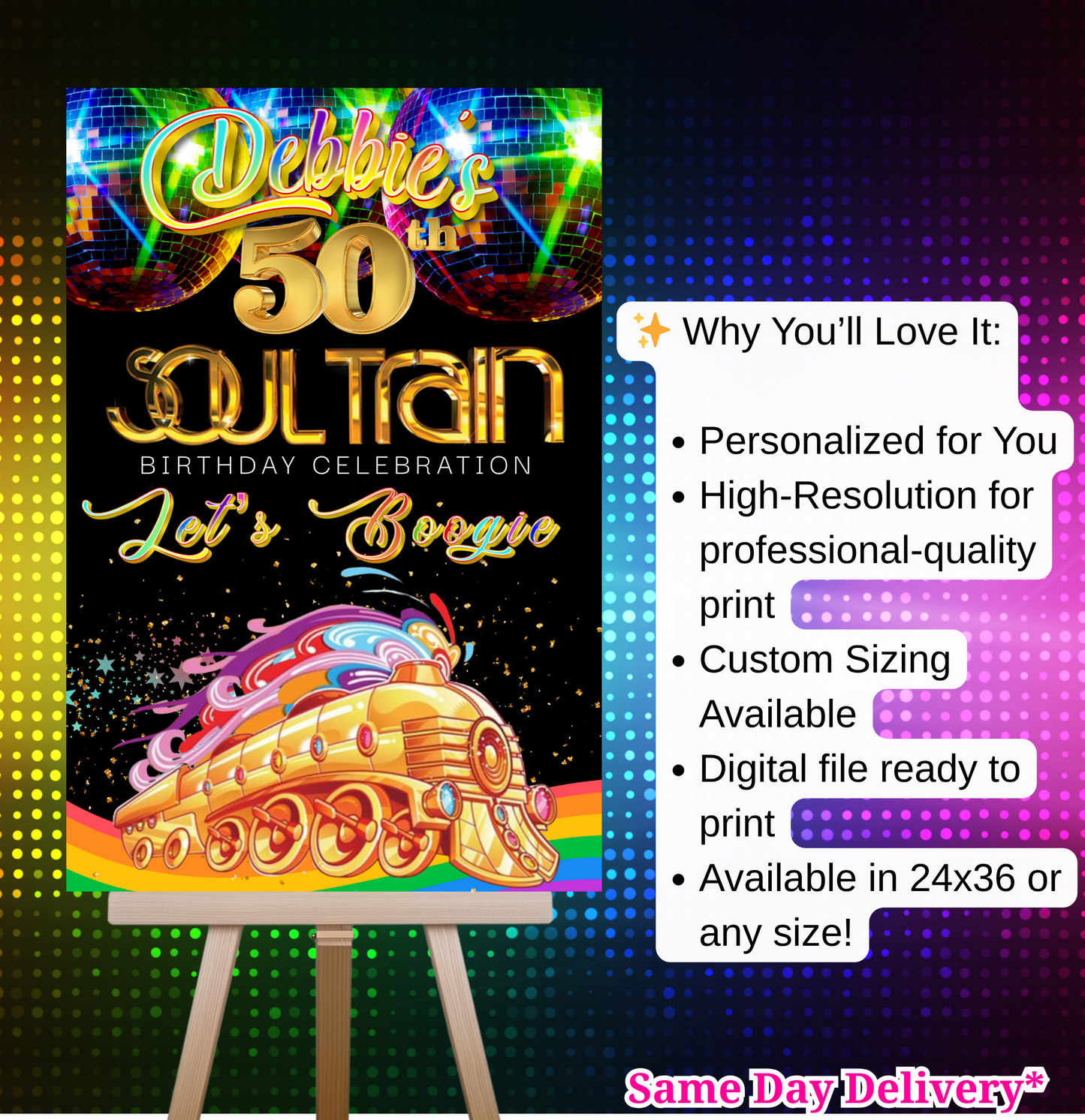 Soul Train 50th birthday celebration welcome sign featuring gold disco-style text, vibrant disco balls, rainbow Soul Train graphic, and the phrase “Let’s Boogie” on a black background with colorful sparkles. Displayed on an easel with a note recommending foam board for best results. Perfect for a disco, boogie night, or retro 70s themed party decoration.
