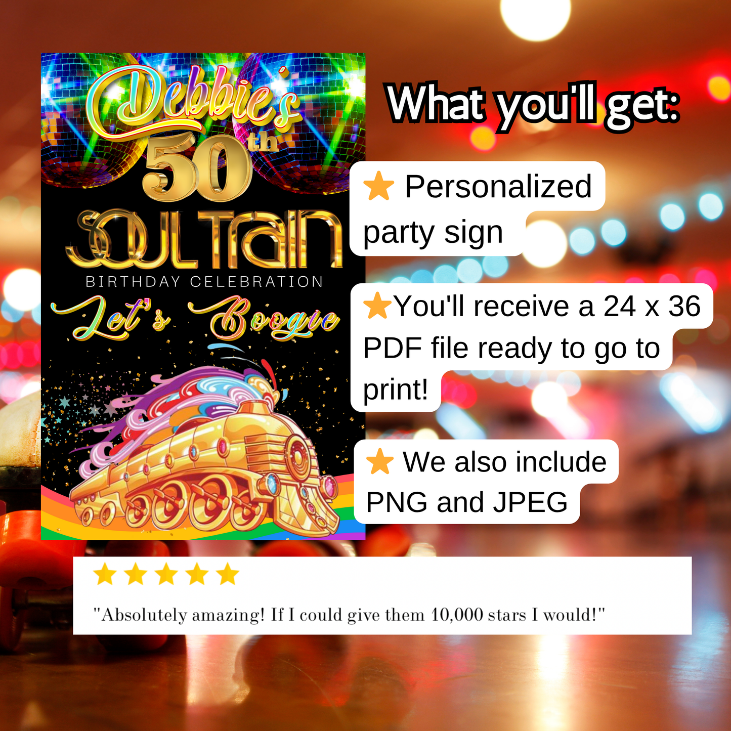 Soul Train 50th birthday celebration welcome sign featuring gold disco-style text, vibrant disco balls, rainbow Soul Train graphic, and the phrase “Let’s Boogie” on a black background with colorful sparkles. Displayed on an easel with a note recommending foam board for best results. Perfect for a disco, boogie night, or retro 70s themed party decoration.