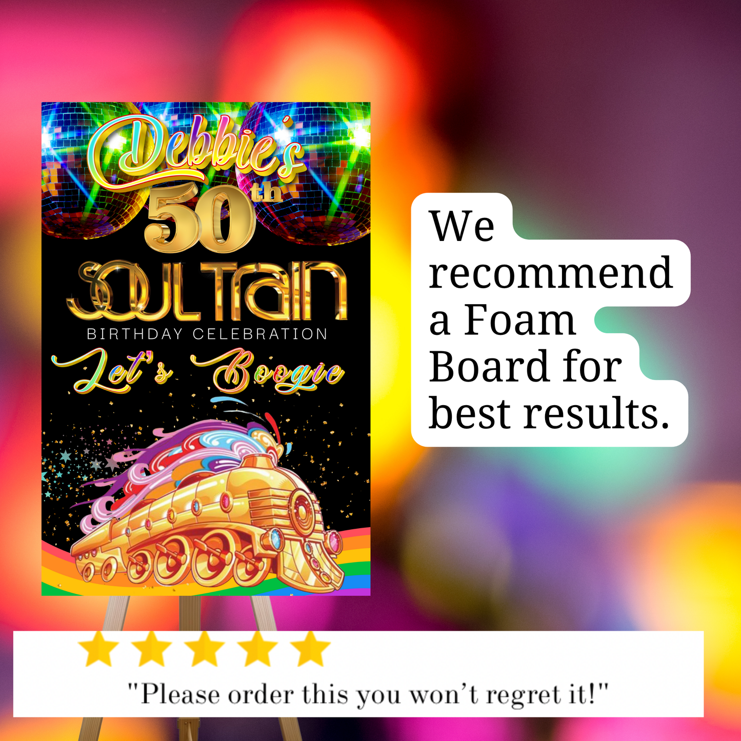 Soul Train 50th birthday celebration welcome sign featuring gold disco-style text, vibrant disco balls, rainbow Soul Train graphic, and the phrase “Let’s Boogie” on a black background with colorful sparkles. Displayed on an easel with a note recommending foam board for best results. Perfect for a disco, boogie night, or retro 70s themed party decoration.