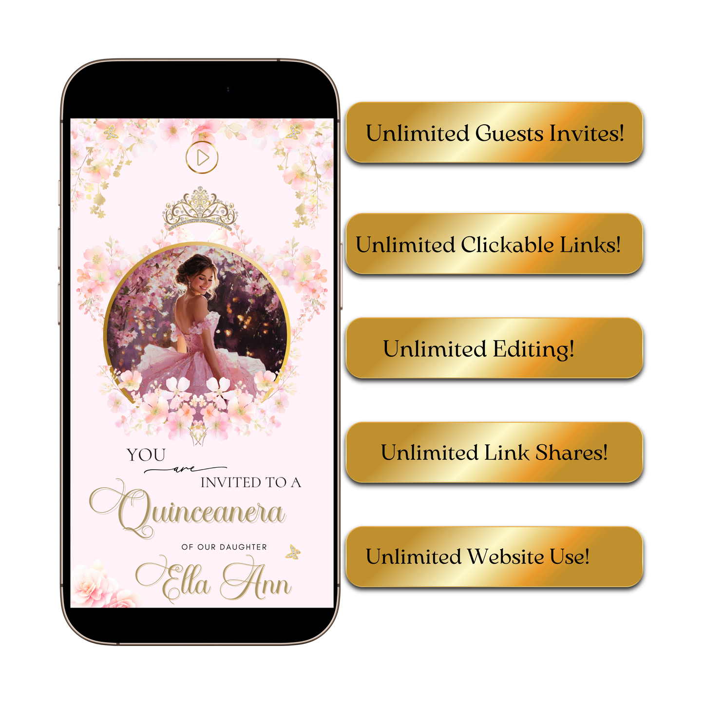 Pink Quinceanera Invitation Website with RSVP | Animated Sweet 15 16 Mobile Interactive Evite with RSVP and Music