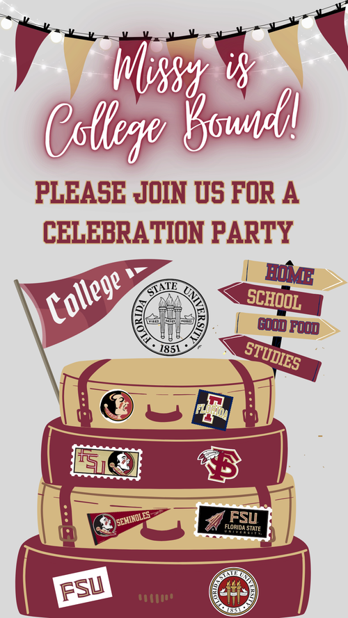 Editable Florida State University send-off video invitation in garnet and gold with Seminoles theme. Perfect for graduation, move-in, or farewell celebration. Features FSU logos, banners, and suitcase travel graphics. Vertical 1080x1920 format, easy to edit in Canva and share via text, email, or social media. Instant download, mobile-friendly format.