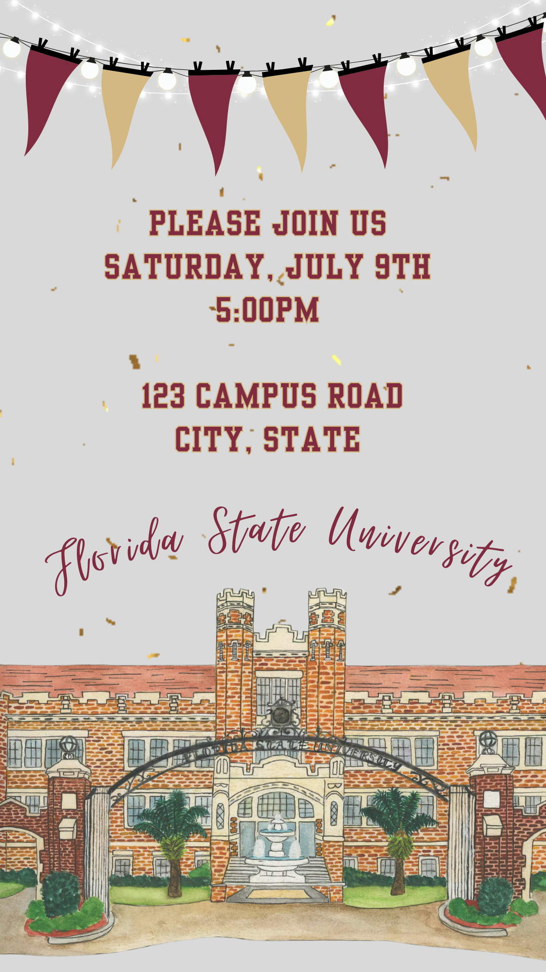 Editable Florida State University send-off video invitation in garnet and gold with Seminoles theme. Perfect for graduation, move-in, or farewell celebration. Features FSU logos, banners, and suitcase travel graphics. Vertical 1080x1920 format, easy to edit in Canva and share via text, email, or social media. Instant download, mobile-friendly format.