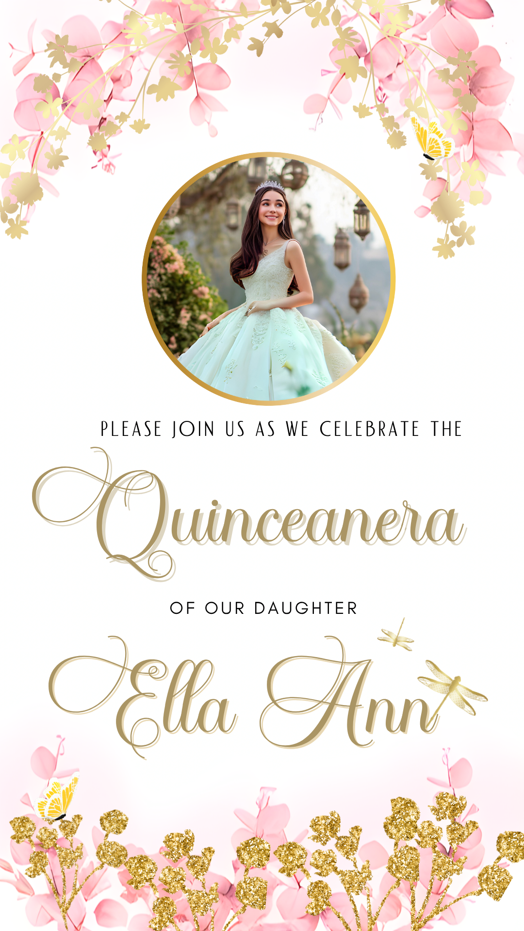 Editable Quinceañera invitation video template designed for mobile phones. Includes animated text, music, and photo customization. Perfect for Sweet 15 or Sweet 16 birthdays. Share instantly via text, WhatsApp, email, or social media. A beautiful, stunning design ideal for modern celebrations. Delivered as MP4 download—no physical item.