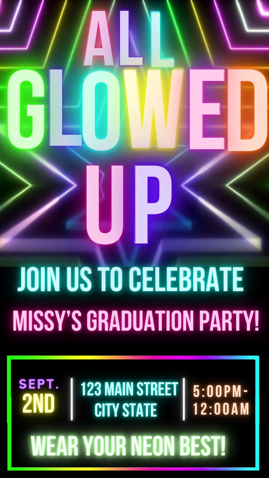 Editable neon glow graduation party video invitation displayed on a mobile phone, featuring an animated vertical digital invite with music, created in Canva. This premium video invitation template is designed for sharing by text, email, and social media and works with an interactive RSVP website for easy guest response tracking.