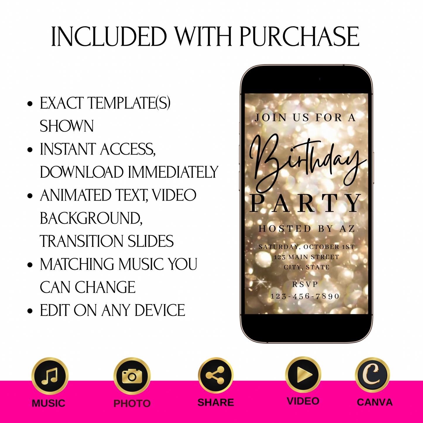Elegant editable gold sparkle birthday invitation with glowing bokeh lights and bold black text. Designed for adult birthdays, girls’ nights, or milestone celebrations. Vertical 1080x1920 format, customizable in Canva. Perfect for texting, email, or social sharing. Luxe glitter design makes this invite ideal for 30th, 40th, or 50th birthday parties.