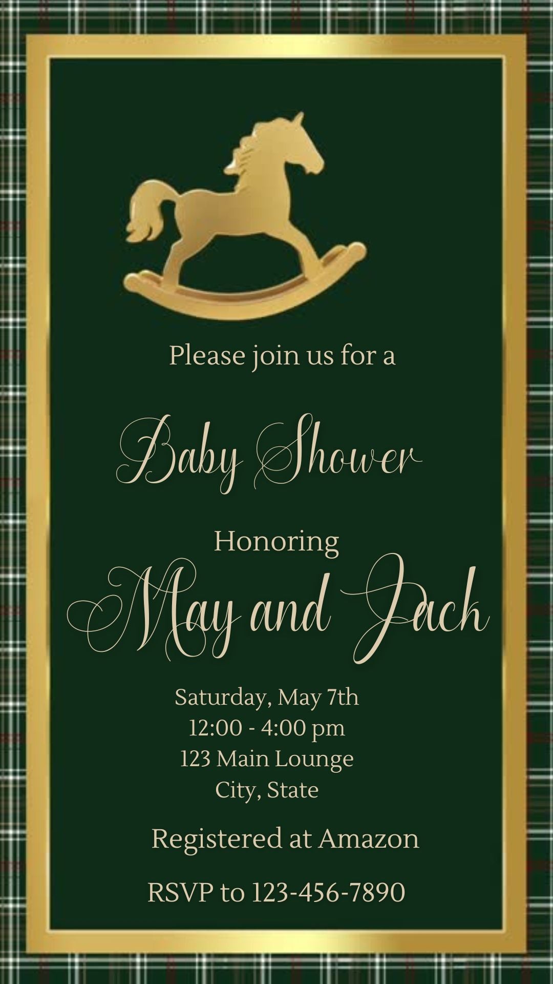 Editable green ralph lauren polo baby shower video invitation displayed on a mobile phone, featuring an animated vertical digital invite with music, created in Canva. This premium video invitation template is designed for sharing by text, email, and social media and works with an interactive RSVP website for easy guest response tracking.