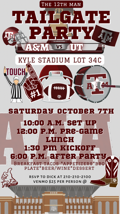 Editable Texas A&M vs. University of Texas tailgate party invitation. Digital Canva template with instant access, no PDF download. Features bold maroon and burnt orange team colors, football graphics, and gameday details. Perfect for rivalry games, tailgates, BBQ parties, and college football watch parties. Fully customizable and mobile-friendly for texting, email, or social media sharing.