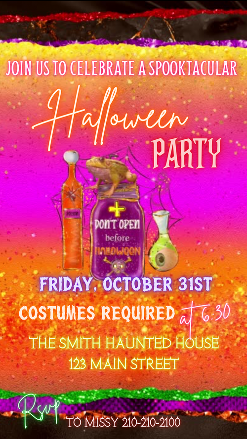 Editable Halloween Party video invitation featuring bright gradient colors, spooky potion bottles, and haunted house vibes. Perfect for costume parties and October 31st celebrations. Mobile-friendly 1080x1920 Canva template with music, customizable text, and vibrant animation. Instant download, easy to share via text, email, WhatsApp, or social media.