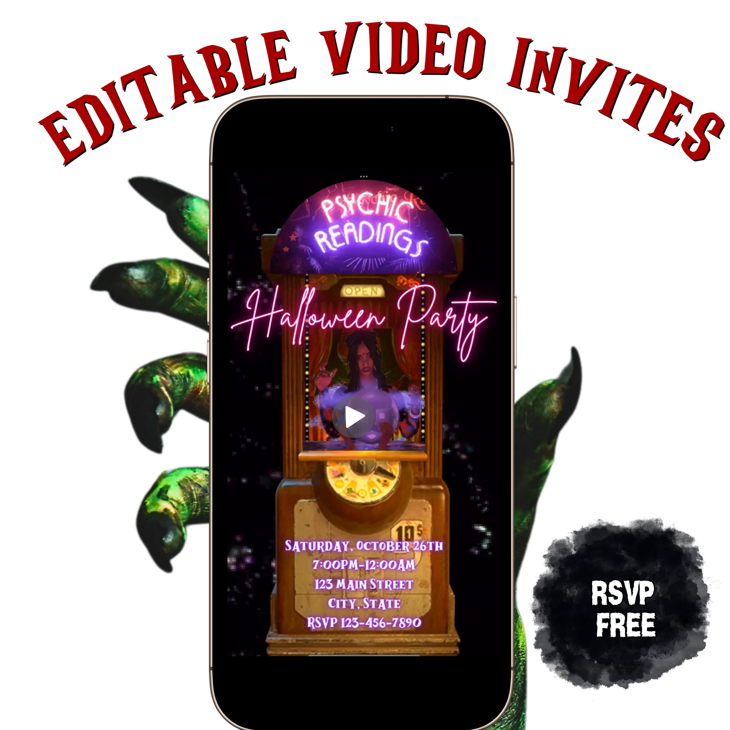Editable Halloween video invitation with animated theme, customizable in Canva. Perfect for party invites.