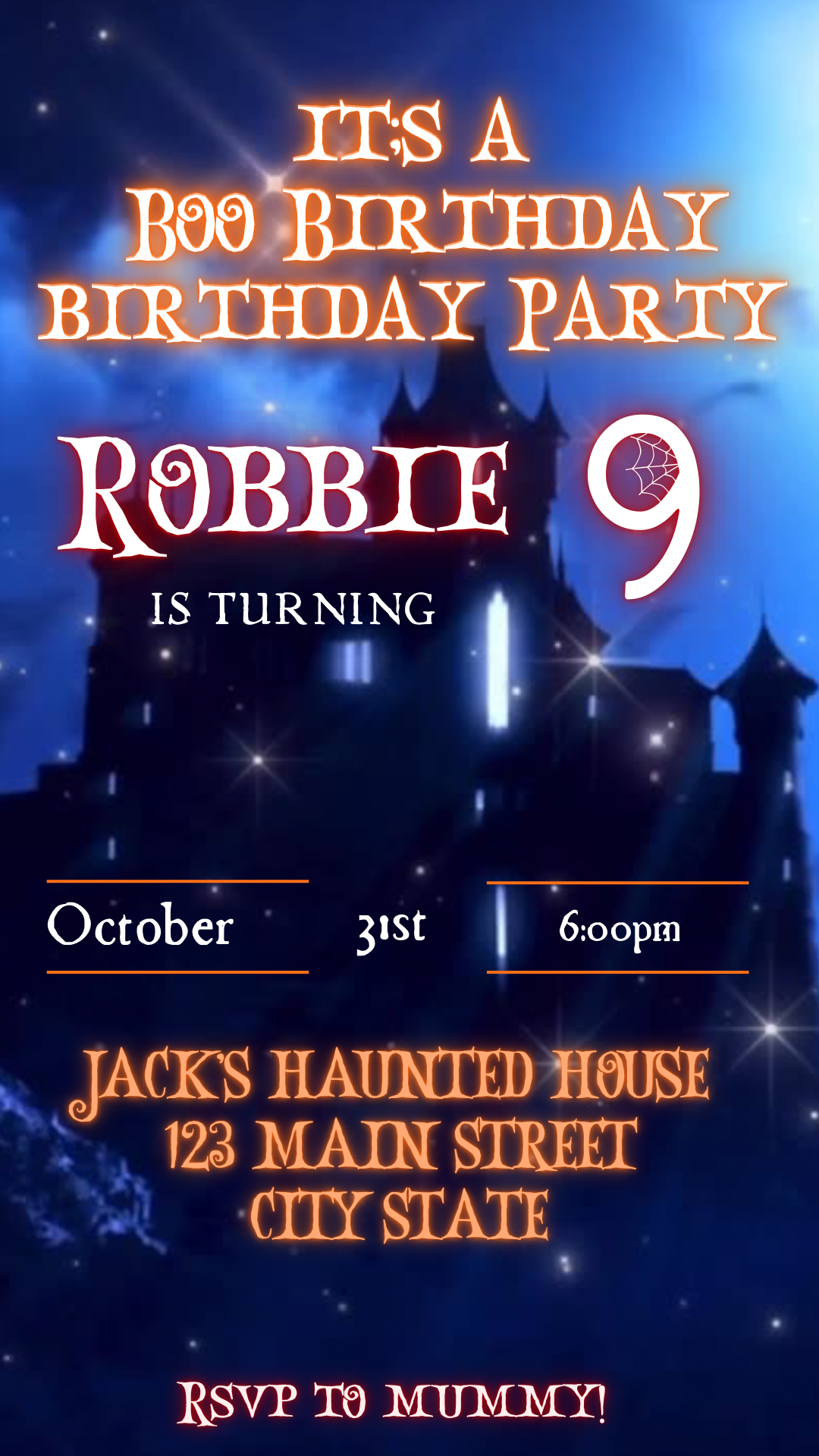 Editable Halloween video invitation with animated theme, customizable in Canva. Perfect for party invites.