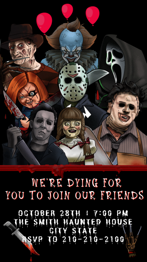 Halloween Video Invitation, Freddy Krueger and Friends Animated Invite, Editable Halloween Party Mobile Evite